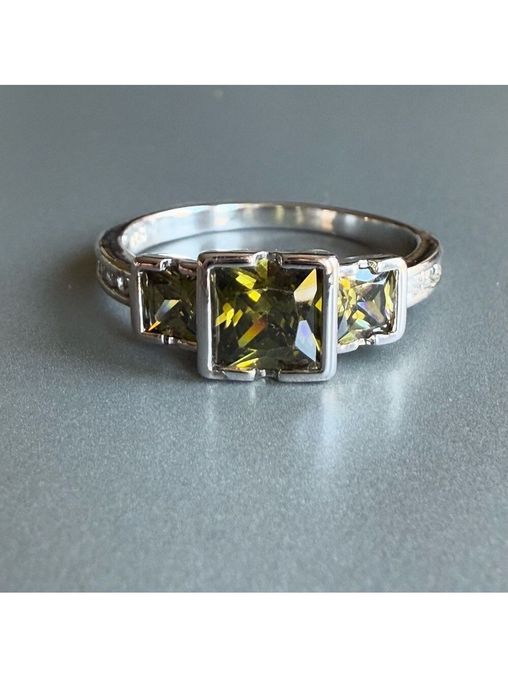 Peridot Olive Green Square 3 Stone & White Round CZ Sterling Silver Ring